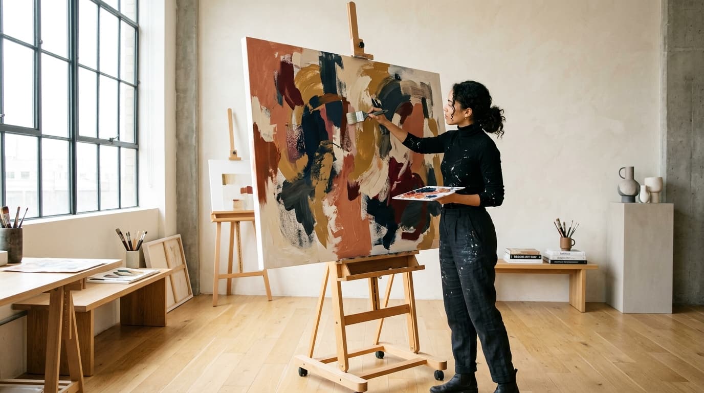 Contemporary art student working in modern atelier at United Art Academy